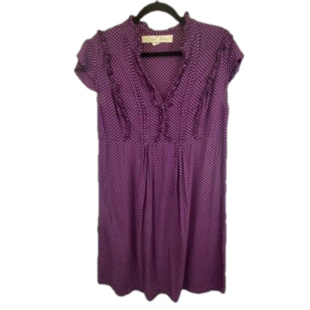 Vintage Y2K Purple & White Polka Dot Capsleeve Dress Ruffles Pintucks Size Large